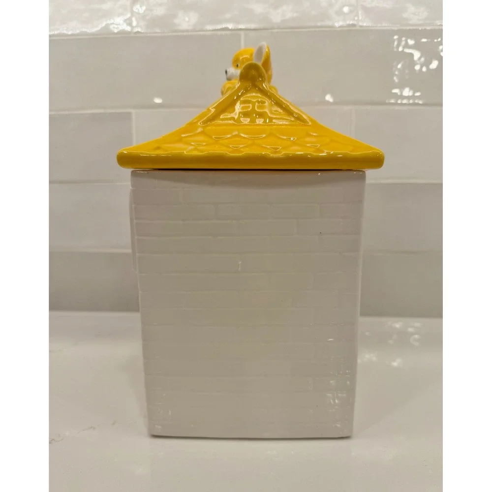 Cookie Jar House Dog Cat Mouse Large White Yellow Ceramic Vintage